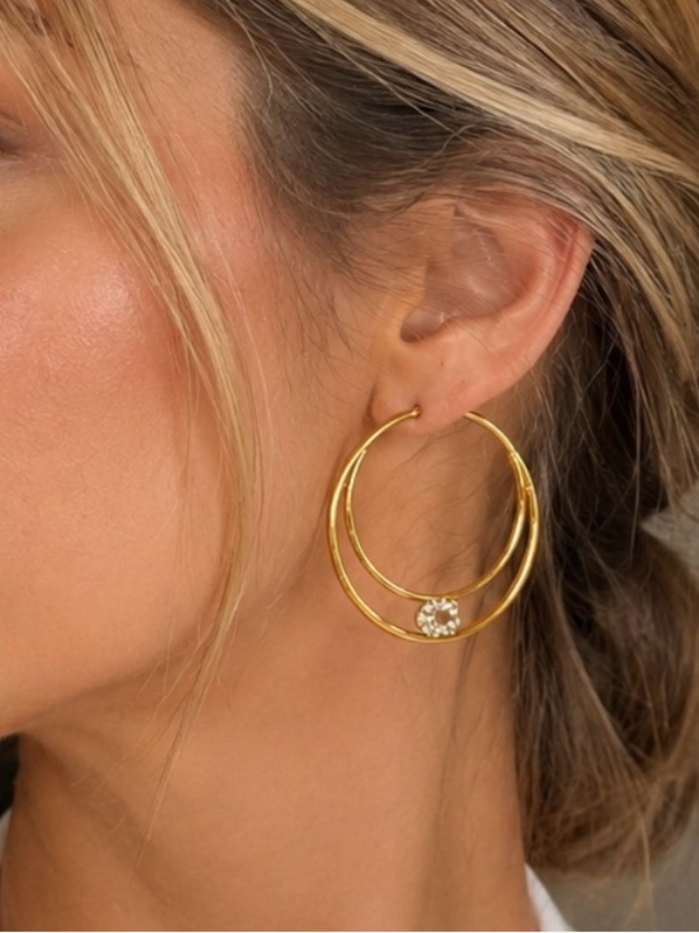 NWT Coach Gold Double Hoop Earrings with Crystal Accent - Picture 3 of 8